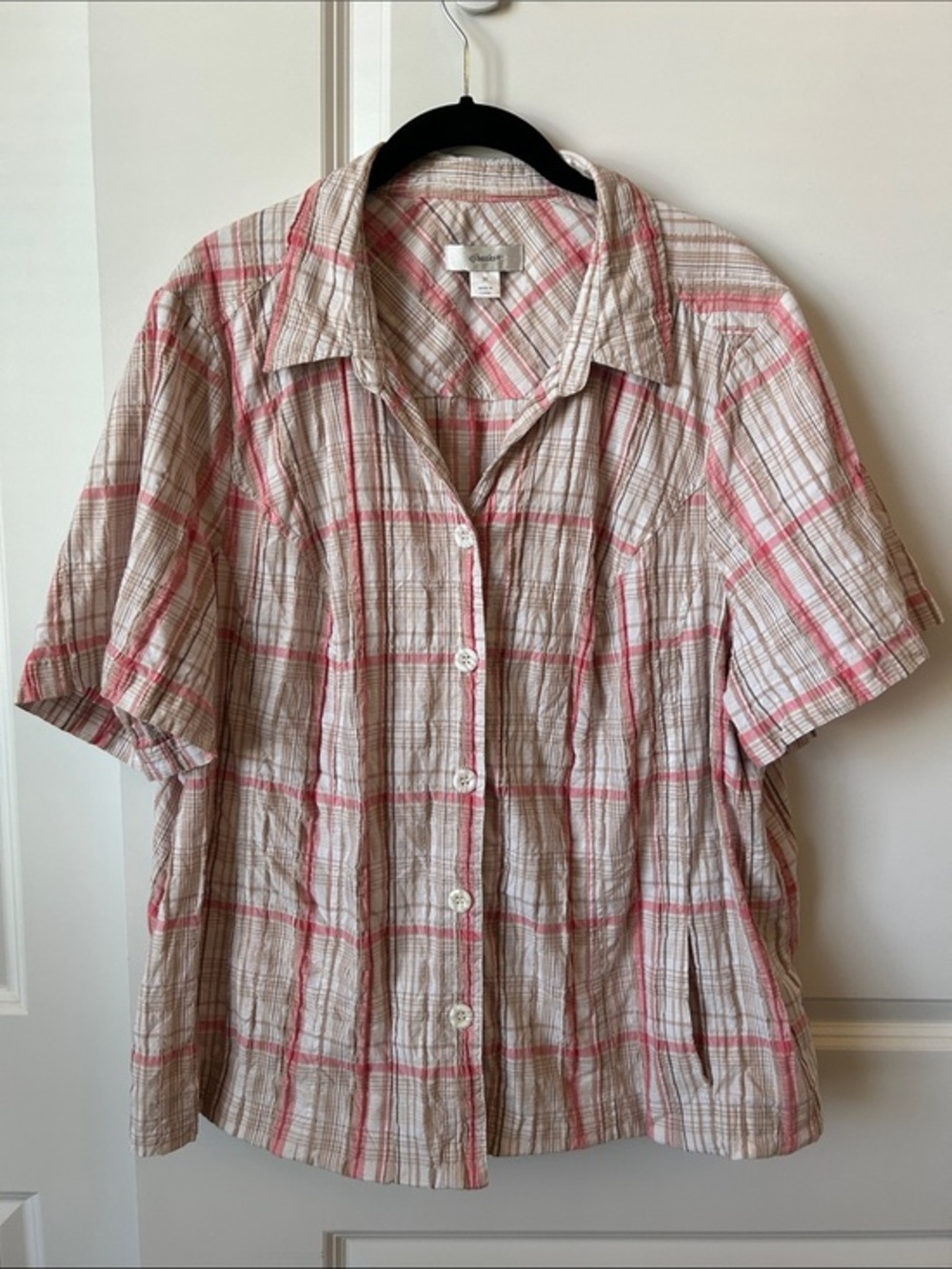 CJ Banks Lightweight Plaid Button-Up Shirt in Cream & Pink 3X